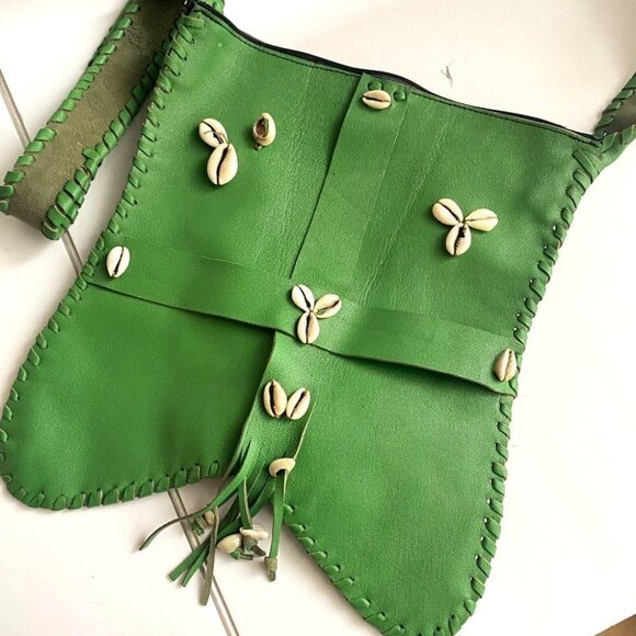 Vintage Green  Leather Shell Accent Square Shoulder Messanger Bag - Picture 3 of 9